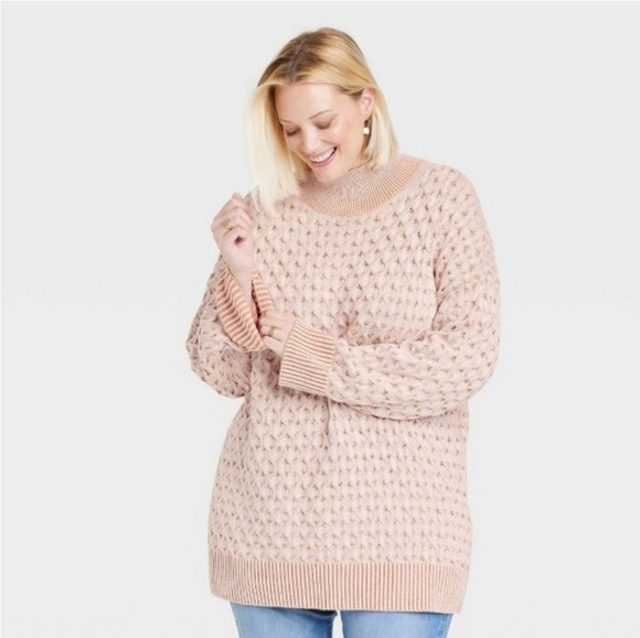 NWT Knox Rose Peach and Cream Oversized Mock Turtleneck Knit Sweater - Picture 1 of 16